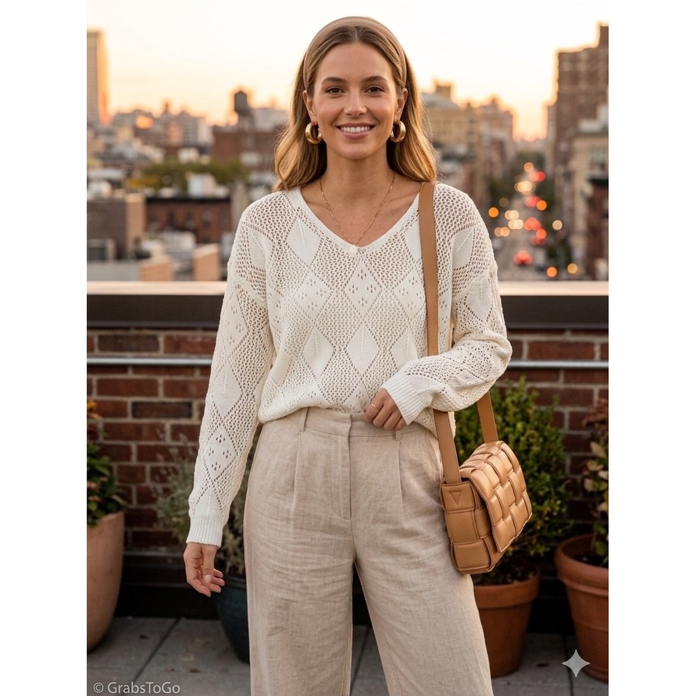7th Ray‎ Women Cream White Pointelle Diamond Open Knit V-Neck Cotton Sweater M
